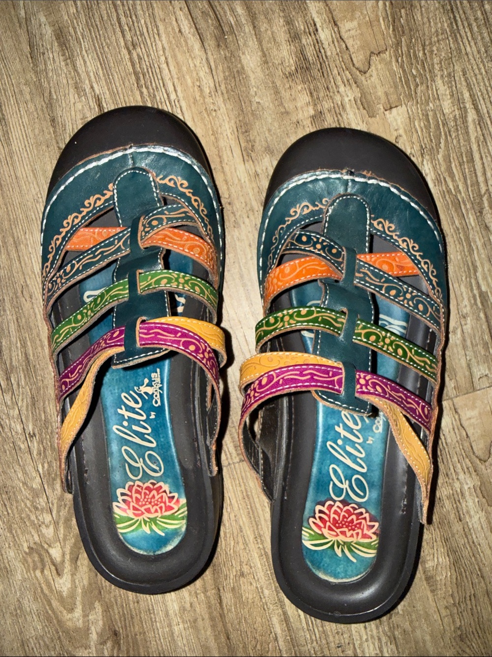 Corkys Multicolor Strappy Slip-On Mules in Teal, Orange, Green, Purple, Yellow